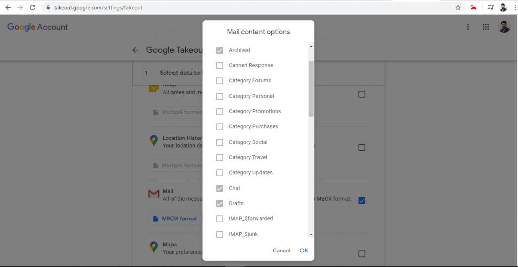 Mail Content Options for Mailbox Folders in Gmail