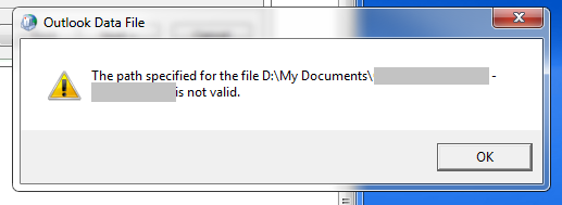 "The Path Specified for the PST file is not Valid" error window