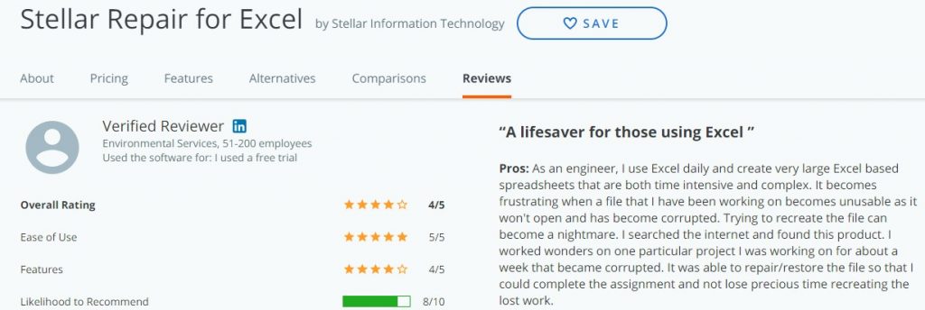 Stellar Repair for Excel software review by capterra