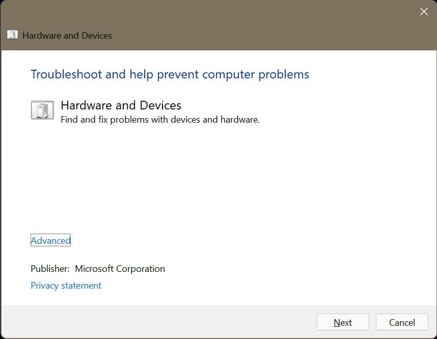 run hardware and devices troubleshooting tool