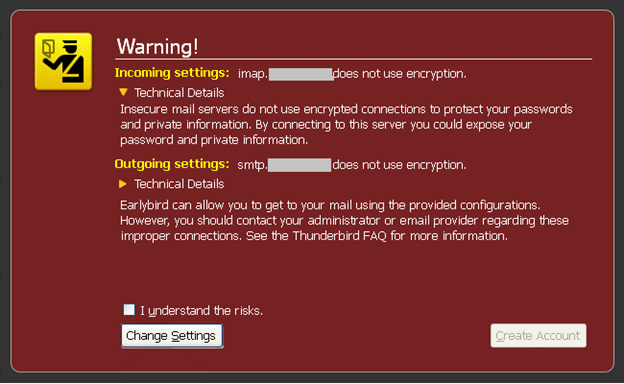 Thunderbird warning: Server lacks encryption support.