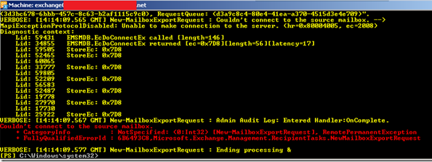 Error: new-mailboxexportrequest couldn't connect to the source mailbox