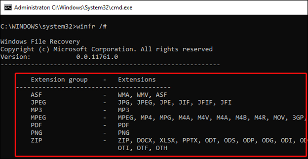 Extensions et types de fichiers en mode signature Winfr