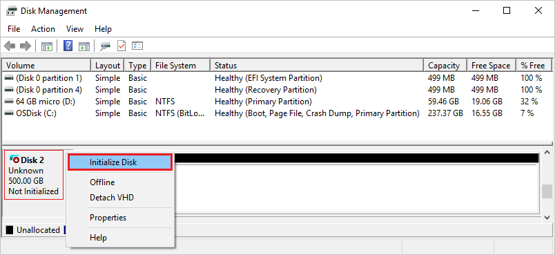 Initialize the disk for fix unallocated SSD