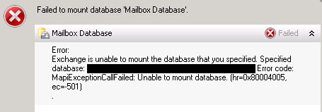 Failed to mount database mailbox database