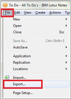 select export option from IBM Notes menu