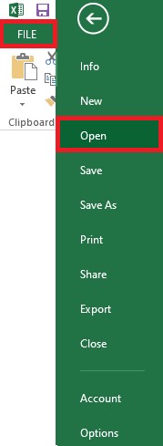 Launch Microsoft Excel 2013 and access the Open menu by clicking on File, then Open.