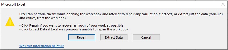 Select the 'Repair' option to address corruption issues within the damaged workbook.