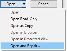 Access file repair options in Microsoft Excel by clicking the arrow next to the Open button in the open dialog box and selecting Open and Repair.