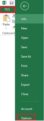 Access Microsoft Excel 2013 settings by opening the application, clicking on the File tab in the main menu, and selecting Options.