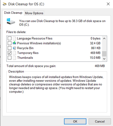 Deleting temporary files using Disk Cleanup in Windows