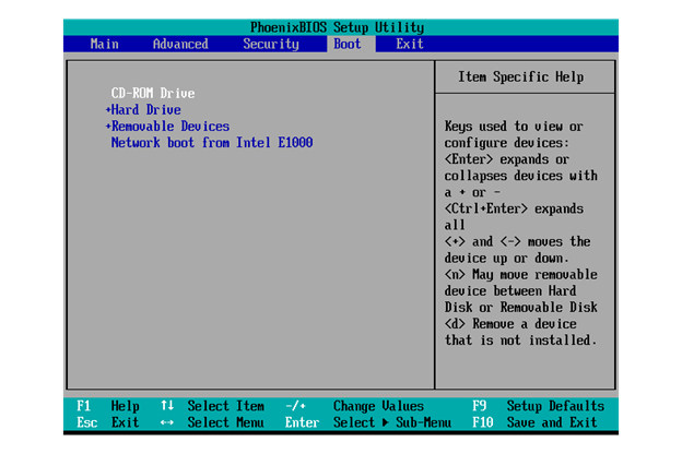 changing the order in the BIOS window