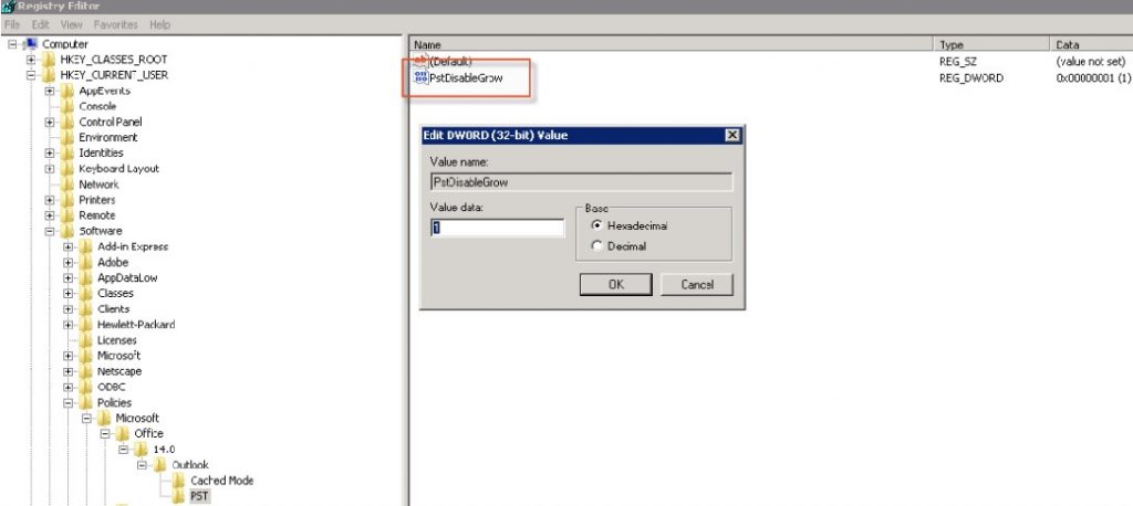 editing PSTDisableGrow registry value