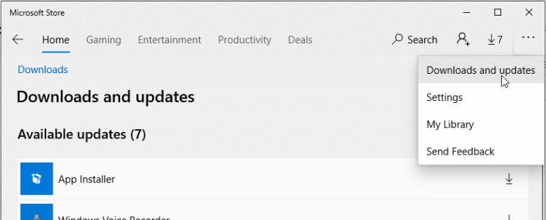 Opzione di aggiornamento delle applicazioni nel Microsoft Store