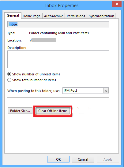 Outlook folder properties window.