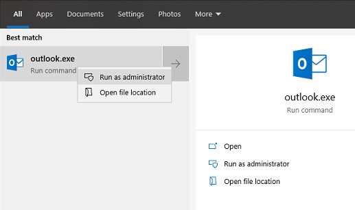 run outlook.exe as administrator