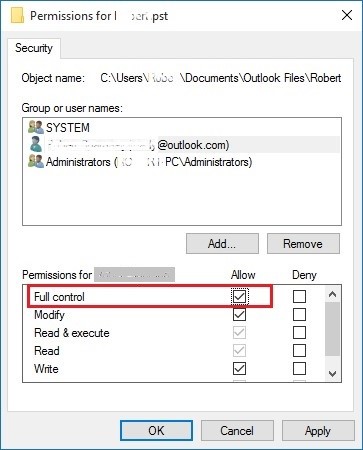 pst file permissions