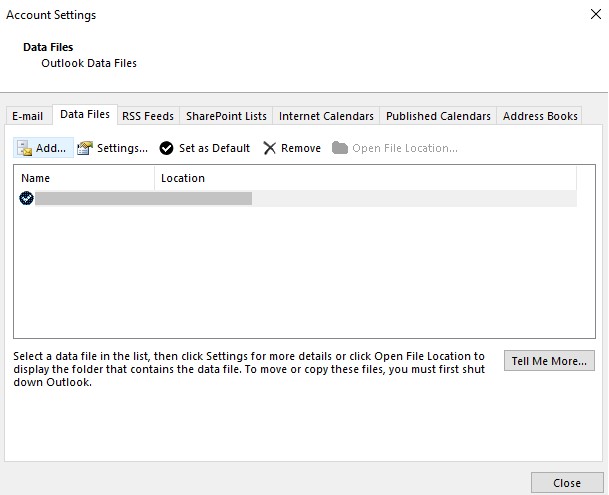 add outlook data file from account settings