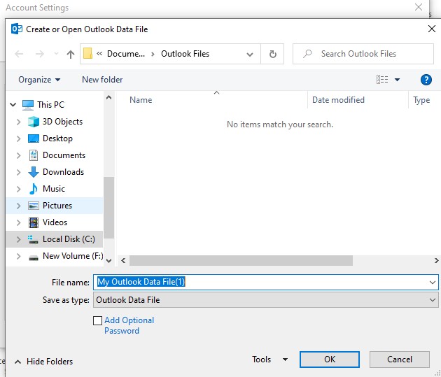 specify outlook data file name