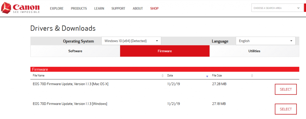 fix eos update error -Canon support page for Firmware download