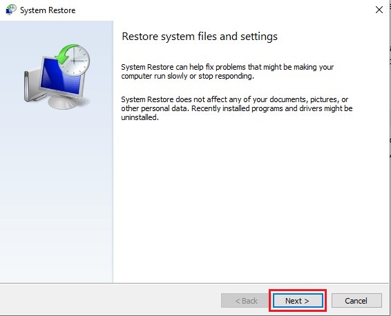 Click Next on System Restore window