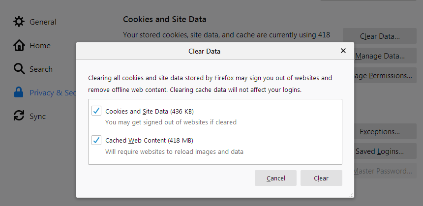 Firefox Clear Data options