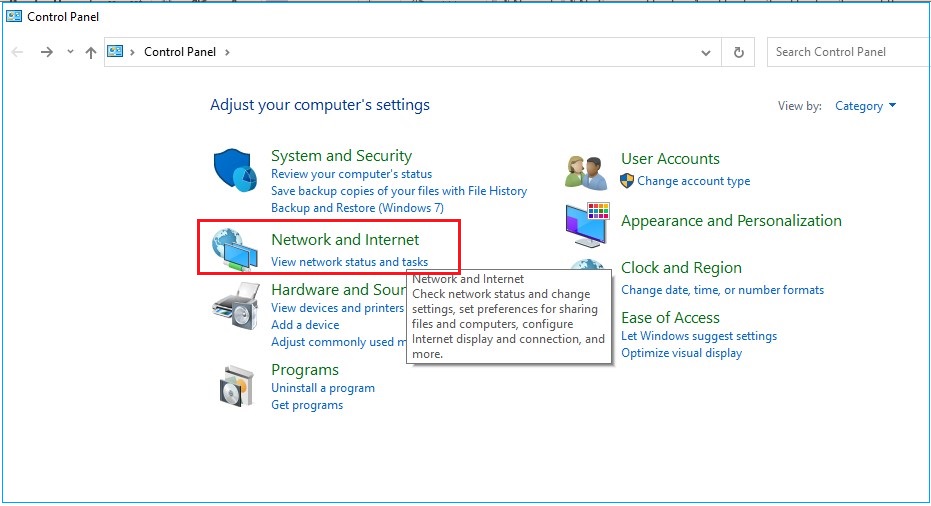 Go to Control Panel and open Network and Internet
