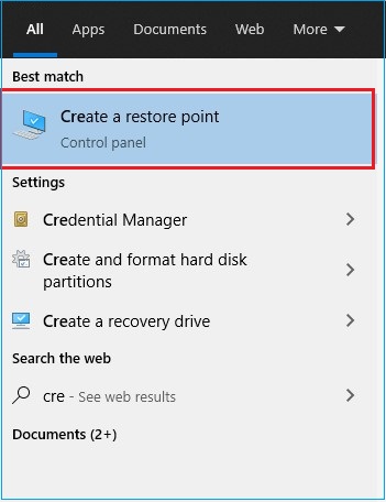 Open Create a restore point