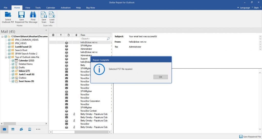 Stellar Repair for Outlook - Successful repair of selected PST file