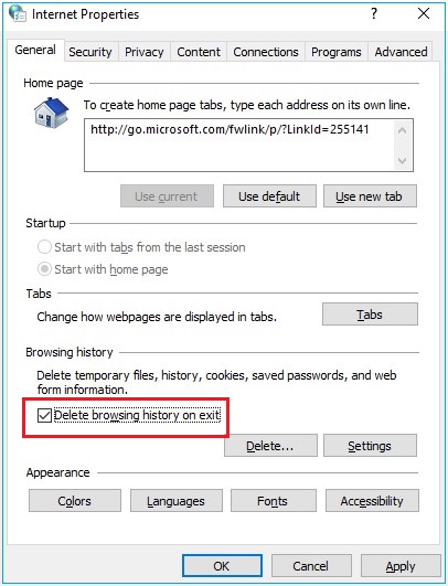 Select the option to ?Delete browsing history on exit.?