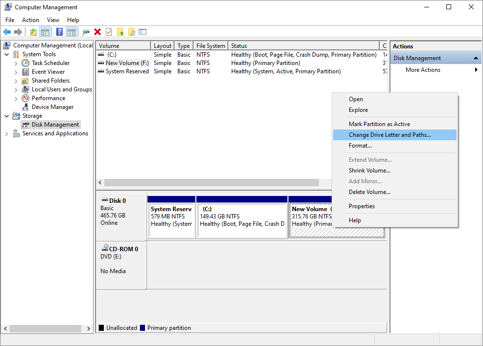 Change Drive Letter and Paths in Disk Management