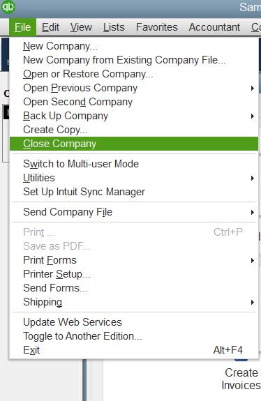 Screenshot of QuickBooks File Menu with 'Close Company/Log off' option selected.