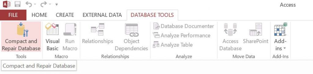 Access Database Tools by clicking on 'Database Tools' in the window, then select 'Compact and Repair Database' from the Tools menu.