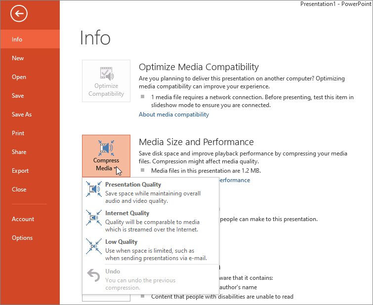 Compress Media options in PowerPoint 13