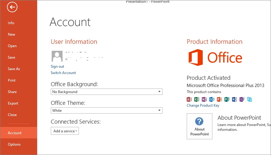 MS Office version displayed in PowerPoint