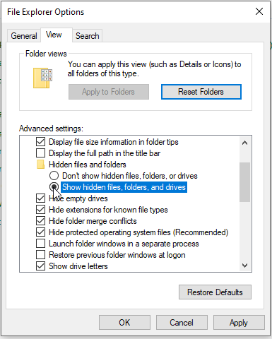 File Explorer window to unhide files on SD card