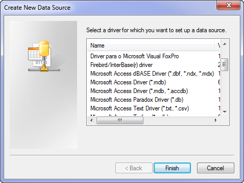 In the 'Create New Data Source' window, opt for 'Microsoft Access Driver (*mdb)', and finalize the process by clicking 'Finish'.