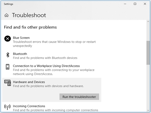 Troubleshooter option in Settings