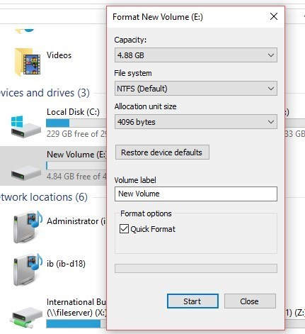 Drive Format box in Windows