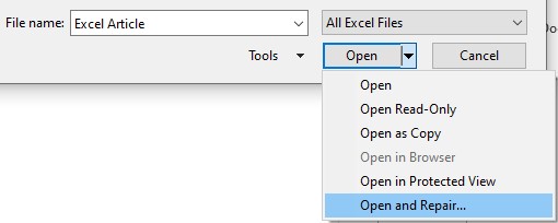 Open and repair excel file