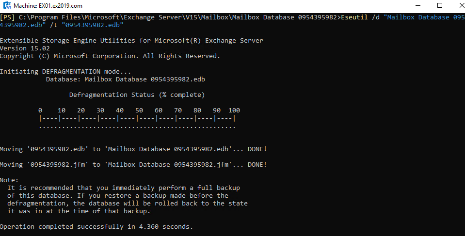 defragmenting exchange mailbox database in Exchange management shell