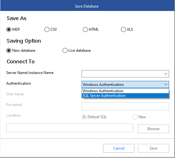 Save as MDF file to New SQL Database