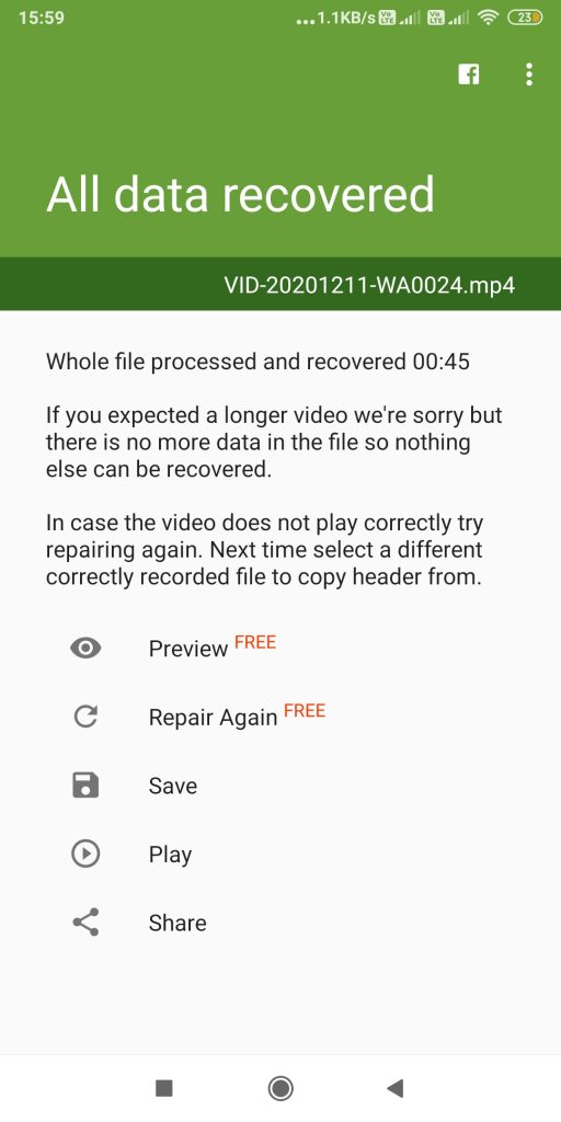 Options after MP4 file repair on Android