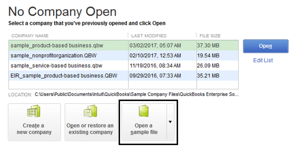 Select Company File in QuickBooks Software