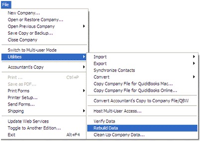 Screenshot of QuickBooks® program with the File menu open and the option to Rebuild Data selected in the Utilities submenu.