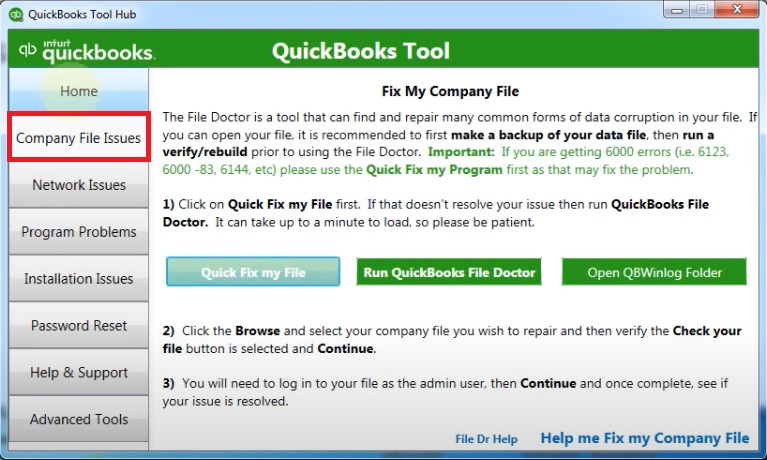 QB Tool Hub Company File Issues Screen