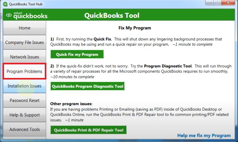 QB Tool Hub Program Problems Screen