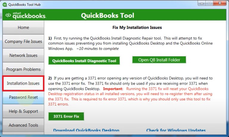 QB Tool Hub Installation Issues Screen