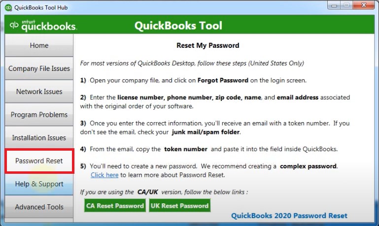 QB Tool Hub Password Reset Screen