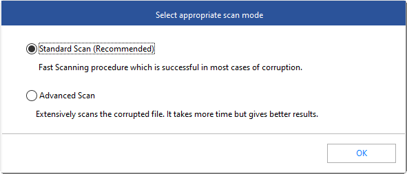 Scanning corrupt MDF file by Standard scan option